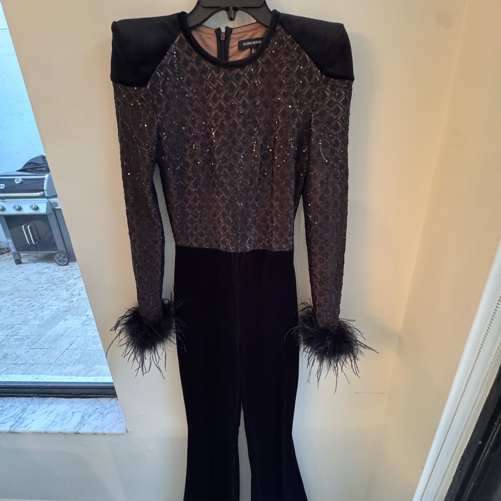 NADINE MERABI Black Sequin & Feather Trim Jumpsuit